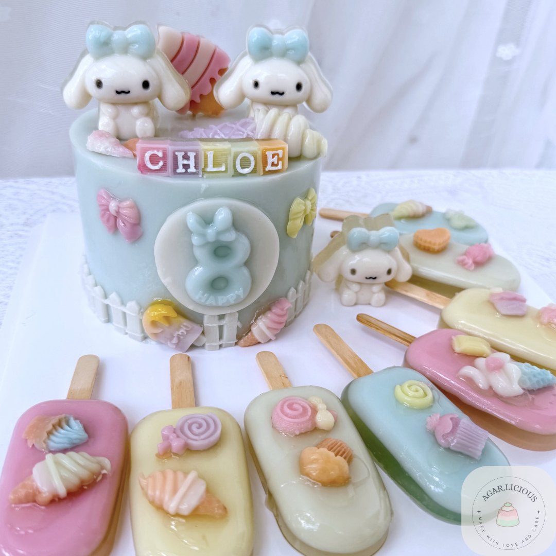Pastel bunny kids 3D jelly cake with popsicles