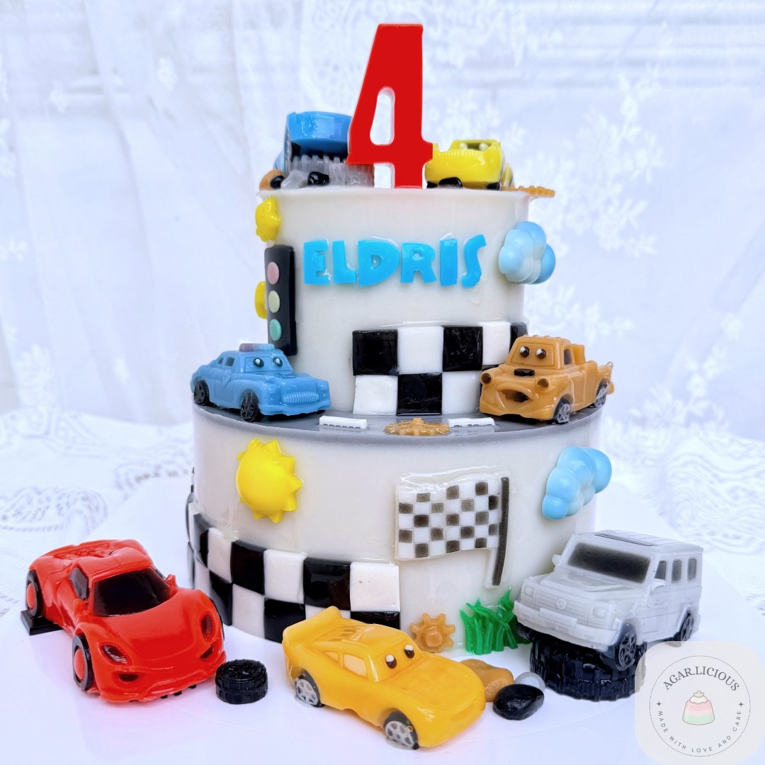 Racing cars themed kids 3D jelly cake