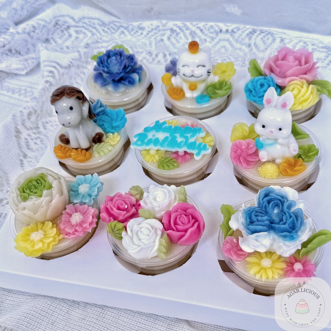 Floral jelly cups with animal toppers Kuching